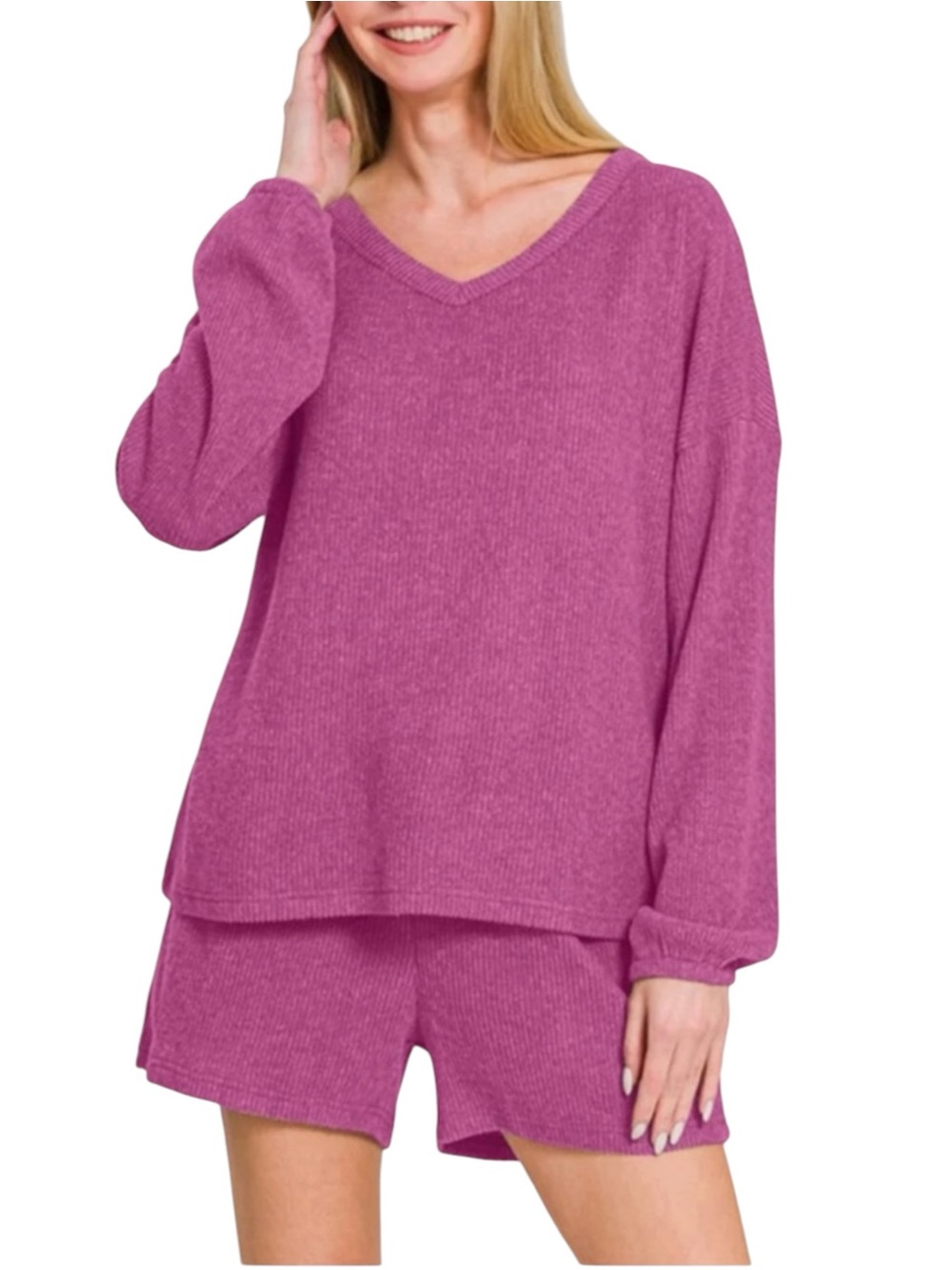 NWT Zenana Ribbed Lounge Set Large Dark Plum 2 Pc V-Neck Long Sleeve Top Shorts